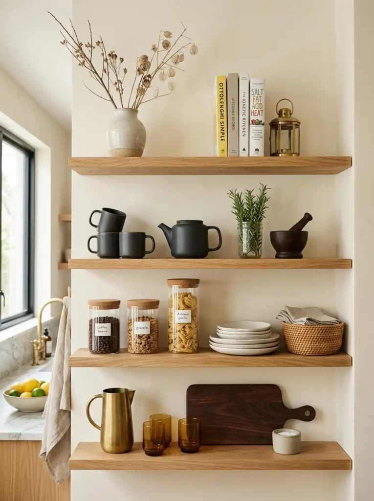 Organized kitchen shelving with decorative accents, functional pieces, and balanced spacing.
