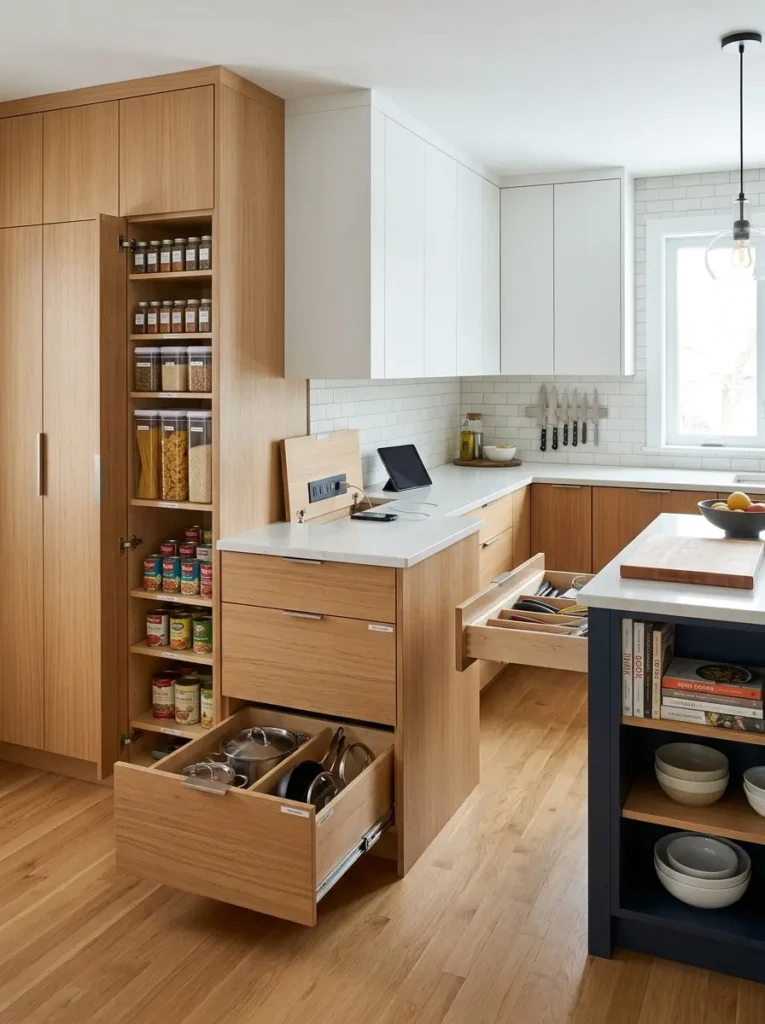 Pull-out pantry, deep drawers, and concealed storage features in a modern kitchen.