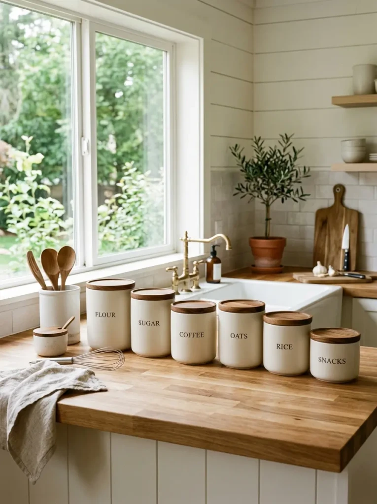 Matching kitchen jars with wood lids on a clean neutral countertop