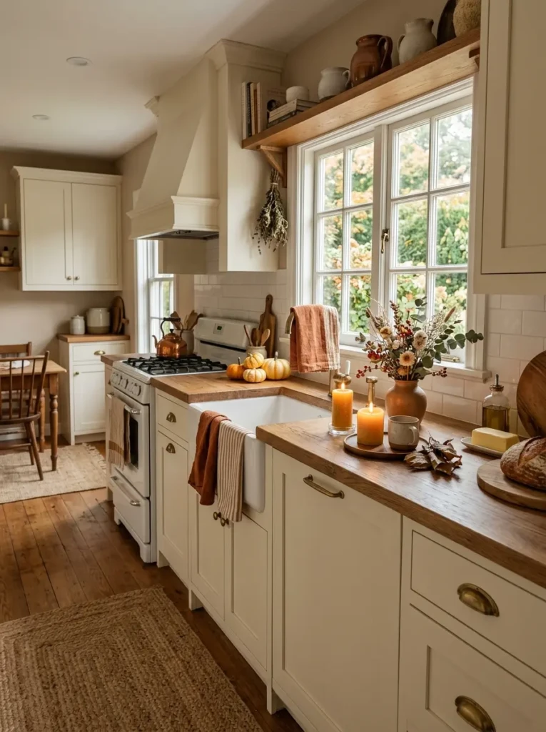 Kitchen countertop decorated with candles, floral arrangements, and linen accents
