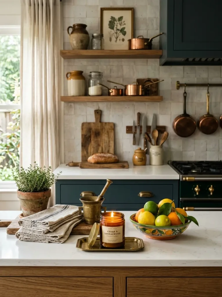 Cedar candle citrus accents and warm layered textures on sophisticated kitchen countertop