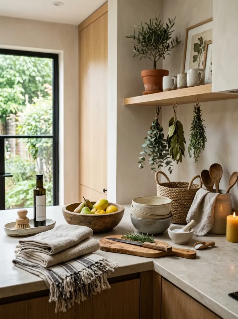 Layered kitchen decor with linen towels, ceramic bowls, and wooden accents.
