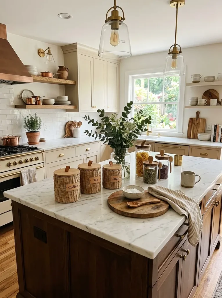 Woven canisters and marble surfaces creating balanced rustic modern kitchen decor
