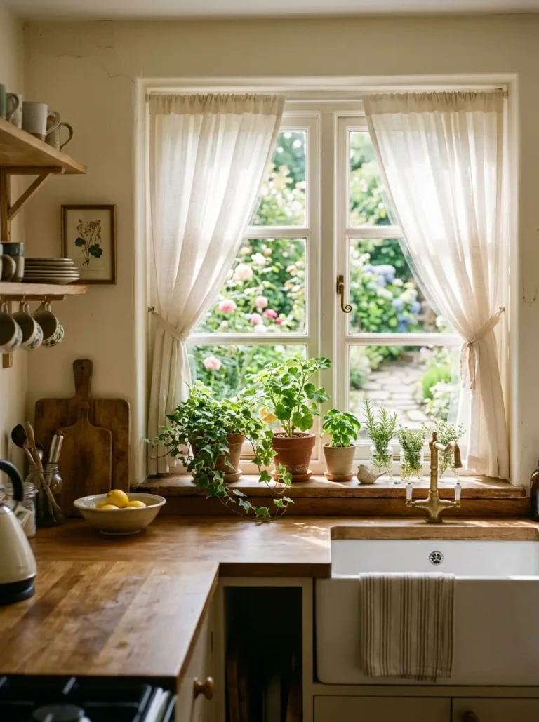 Elegant small kitchen with soft curtains, plants on the windowsill, and natural sunlight filling the space.