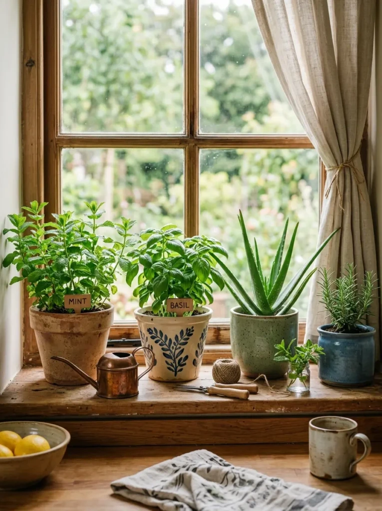 Cozy kitchen windowsill featuring basil, mint, aloe vera, and ceramic planters in natural sunlight.