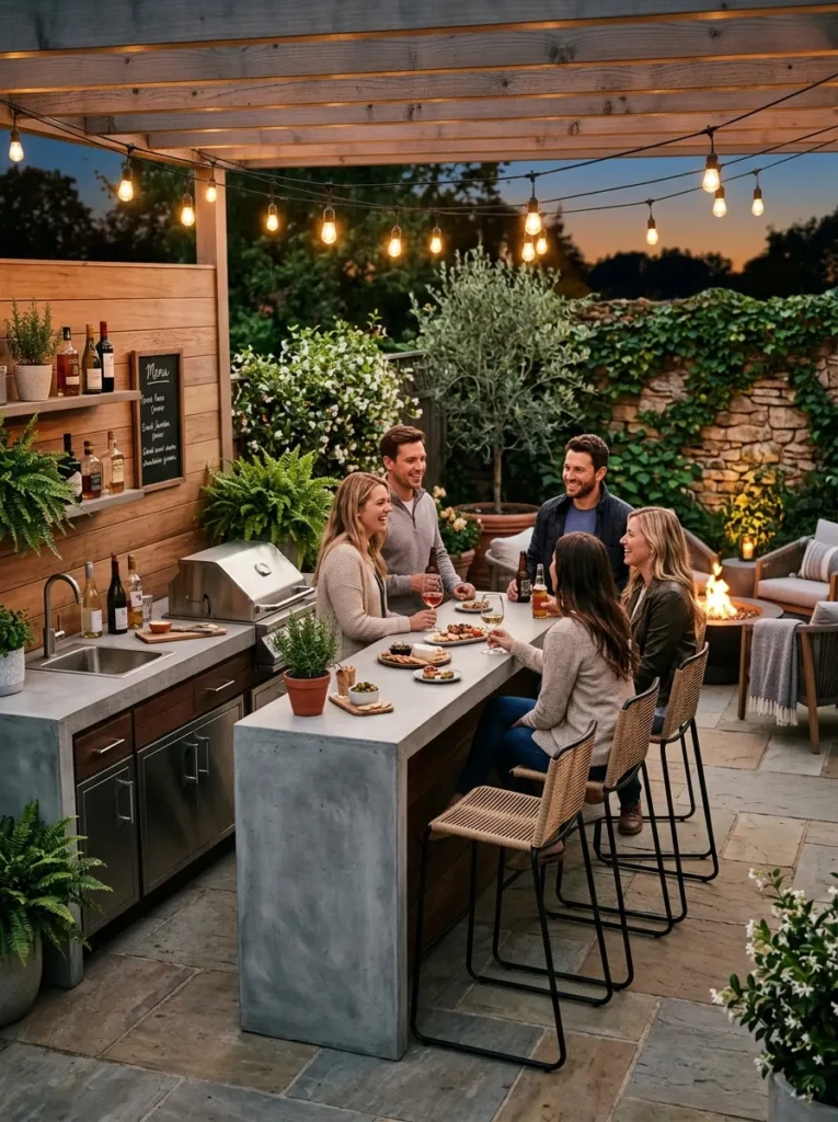 Small outdoor kitchen with a slim bar counter, modern stools, and cozy entertaining atmosphere.