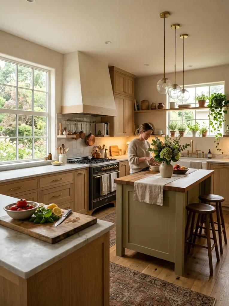 Warm lived-in kitchen with elegant decor, soft lighting, and natural textures.