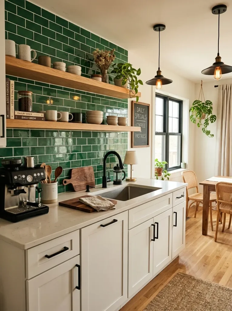 Kitchen with glossy green subway tiles, floating wood shelves, and modern black fixtures