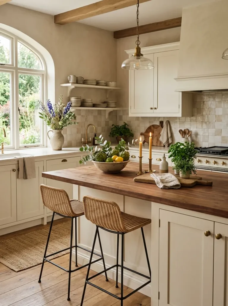 Charming neutral kitchen countertop with layered textures, candles, and soft beige decor.