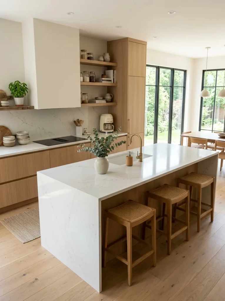 Modern kitchen with open countertop space calming neutral tones and effortless organization