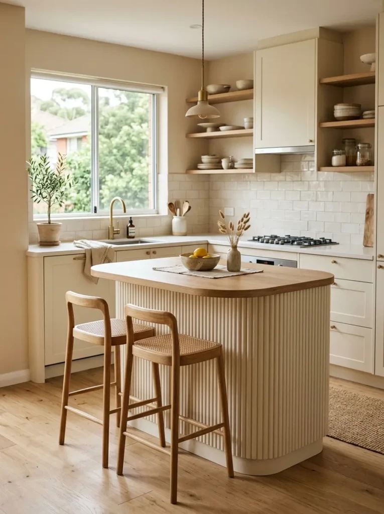Compact airy kitchen featuring rounded island corners and slim minimalist stools.
