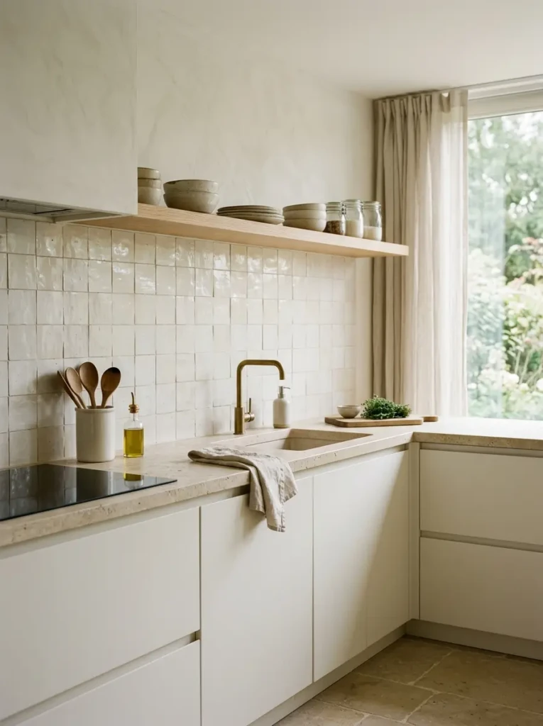 Minimalistic kitchen with creamy handmade square tile backsplash, stone countertops, and warm white cabinets.
