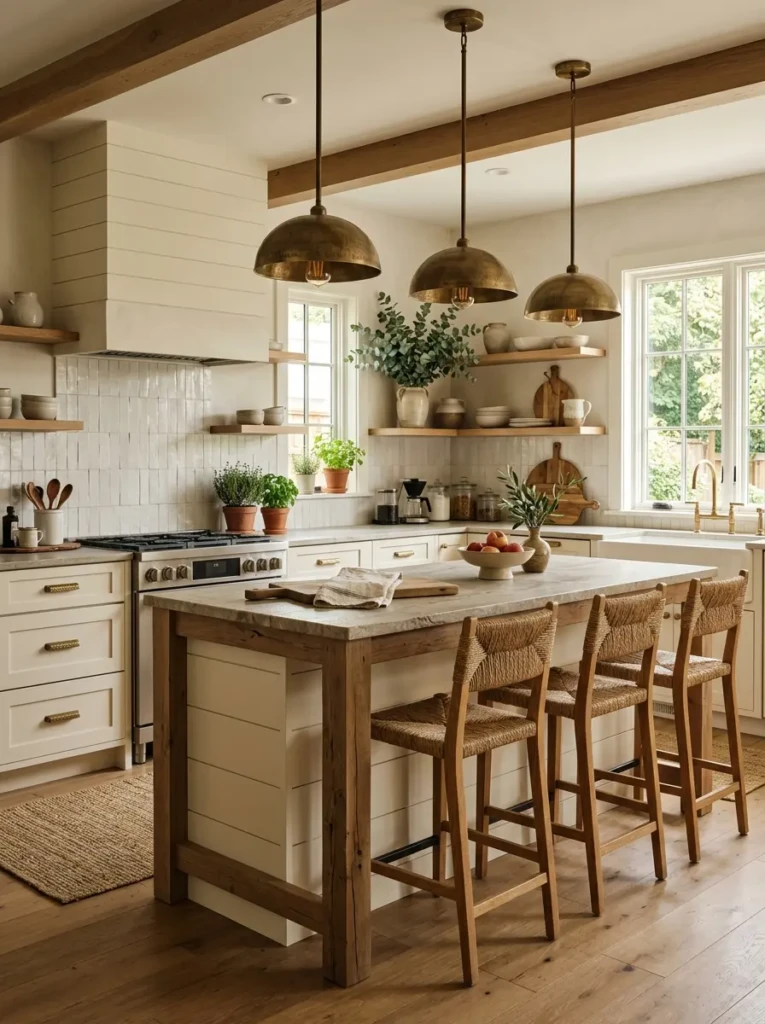 Warm white kitchen with wood stools, brass pendant lights, and fresh greenery.