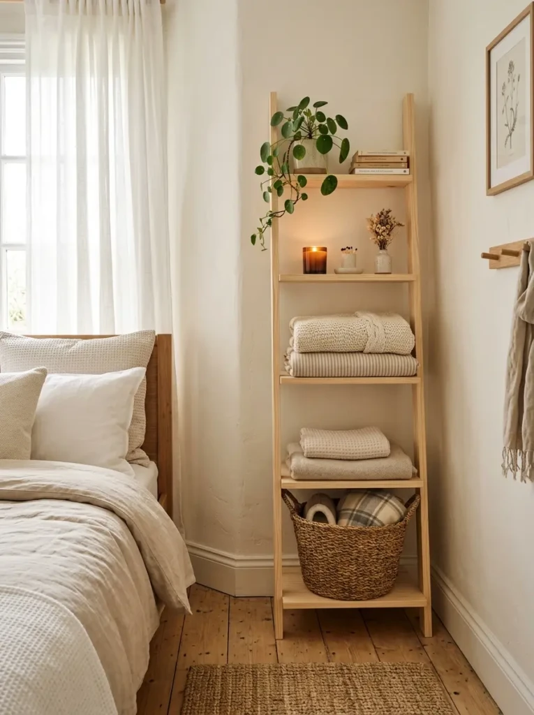Natural wood ladder shelf styled with folded throws, candle, plant, and woven basket.