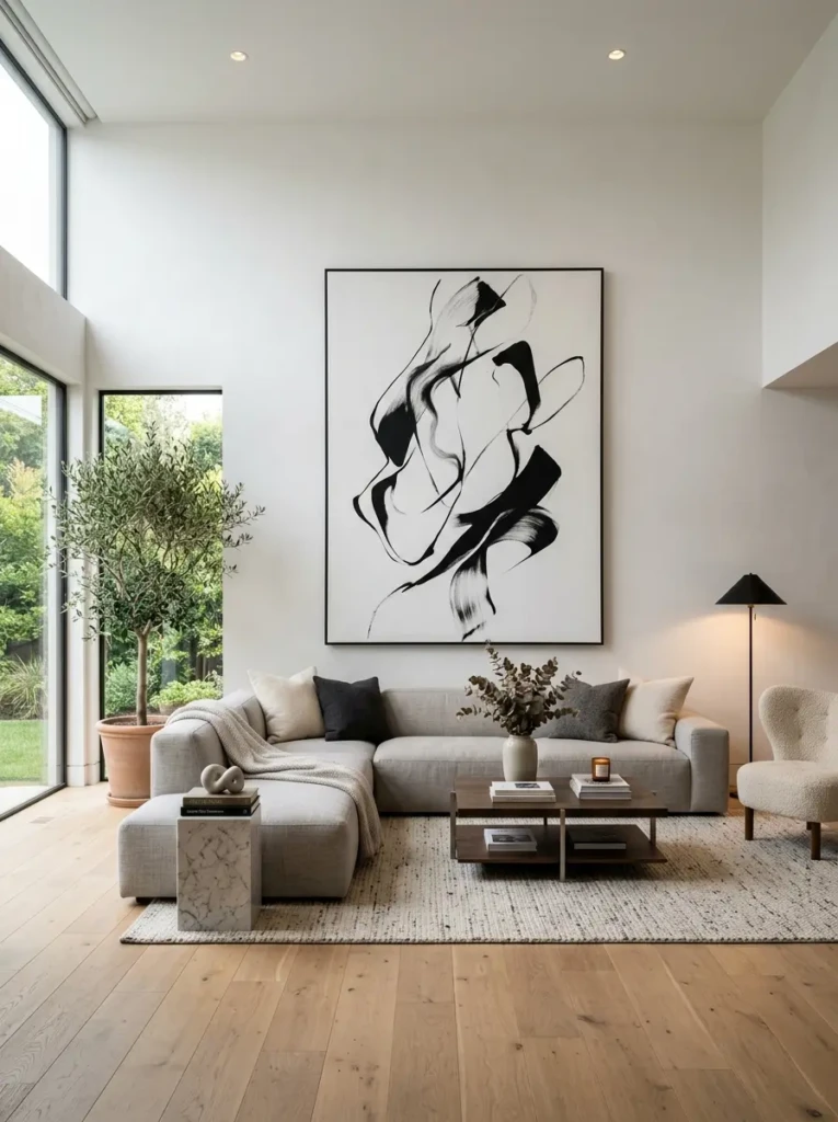 Airy living room with black-and-white oversized artwork and elegant cozy decor.