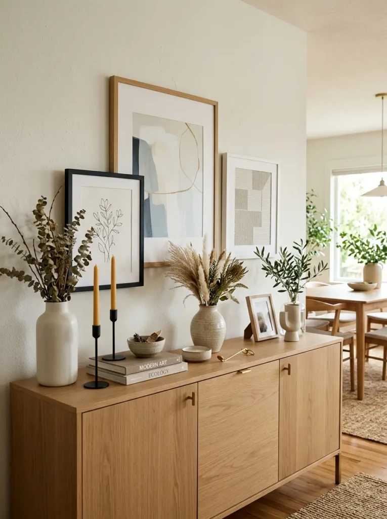 Dining room sideboard decorated with layered framed art, candles, and ceramic accents