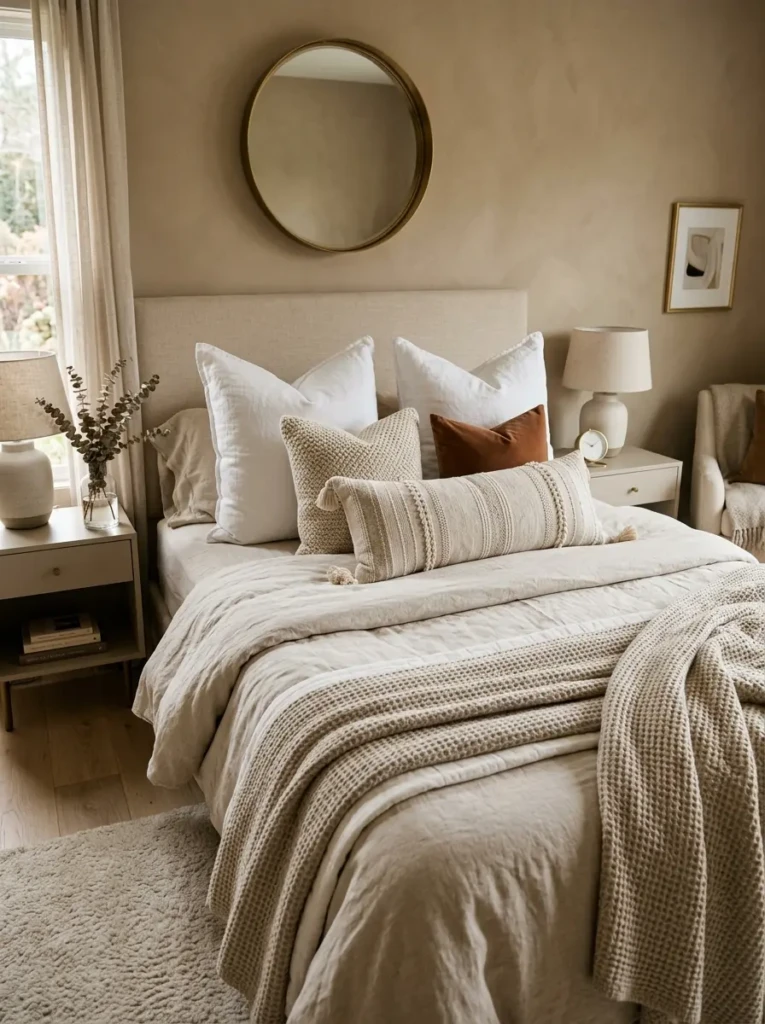Beautifully layered bed with oversized euro pillows and textured decorative cushions