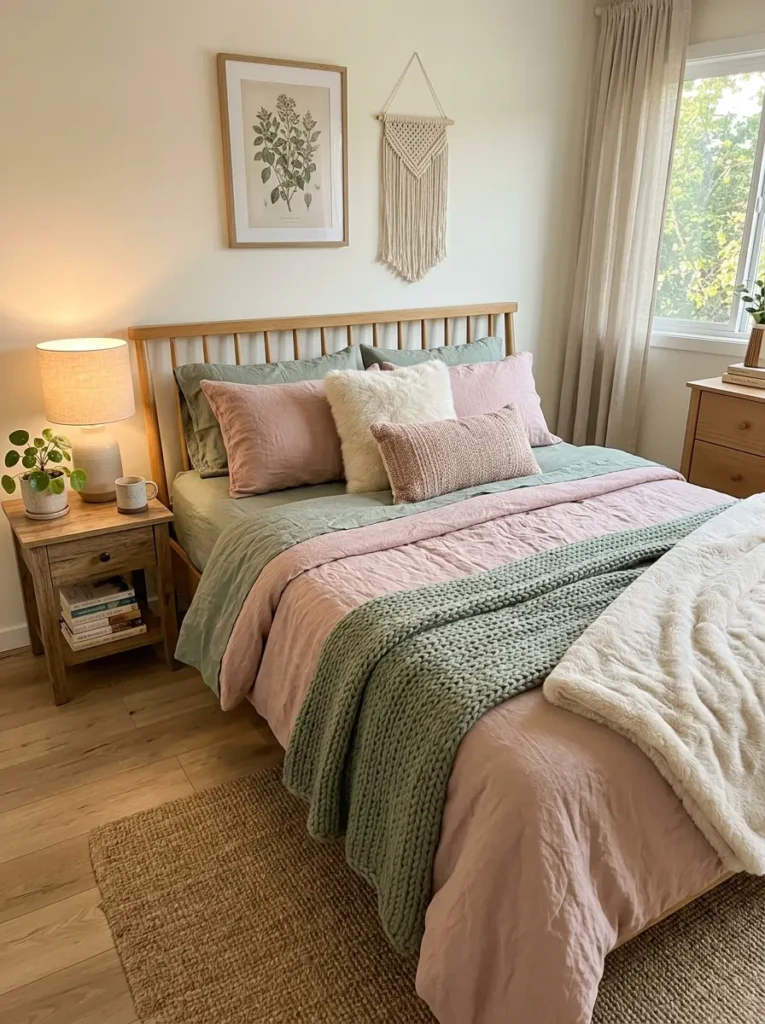 Affordable elegant bedding with linen pillows and soft textured blankets