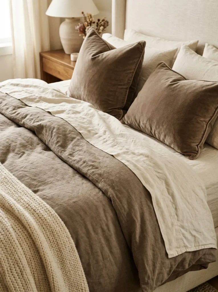 Close-up of linen sheets, velvet pillows, and luxurious layered bedding in warm neutral tones