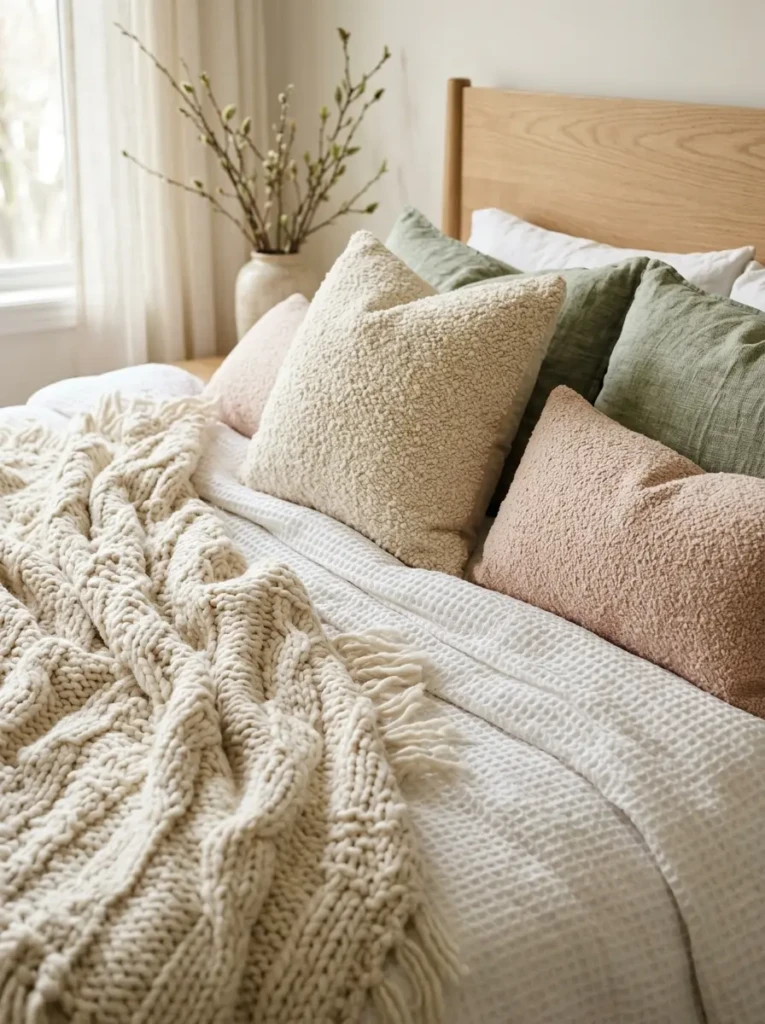 Close-up of layered bedding textures in a bright airy spring bedroom