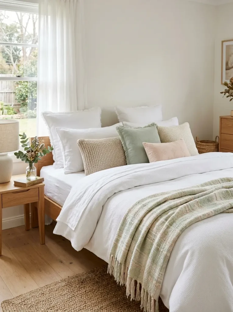 Stylish bed with textured white pillows and a light throw blanket in a soft neutral palette