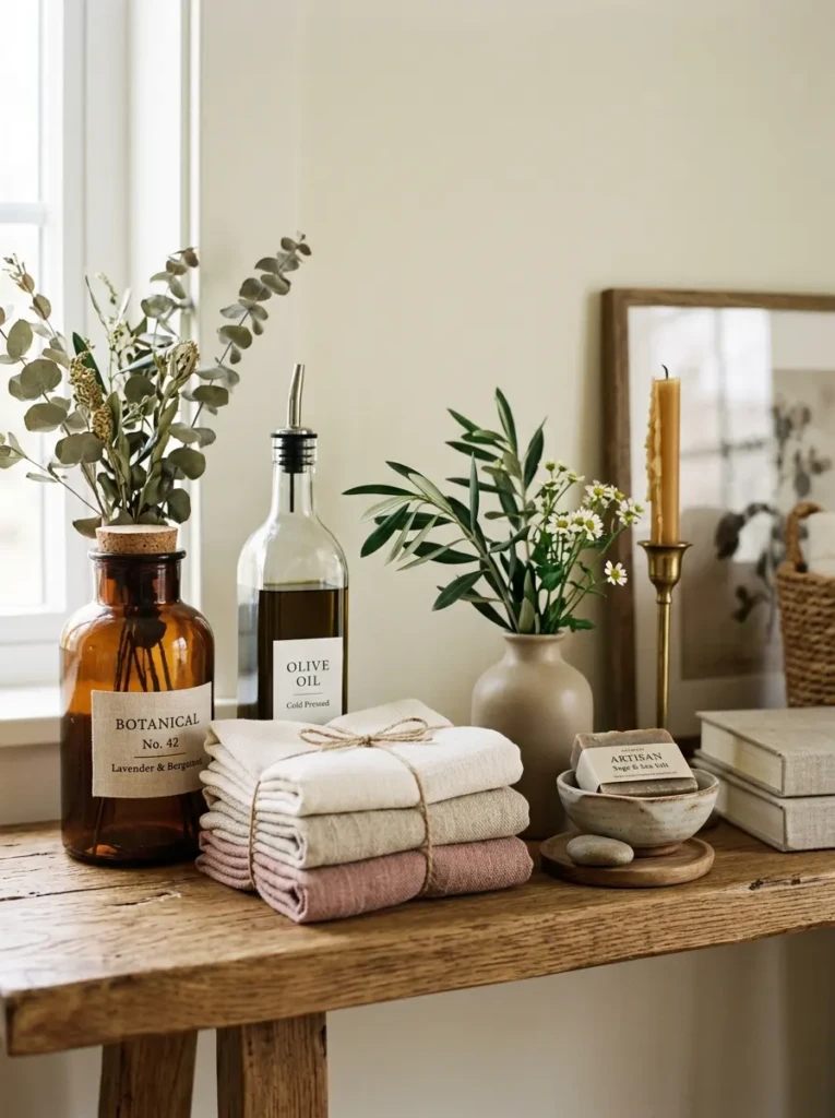 A detailed view of bathroom shelf styling showing height variation with stacked towels and decorative objects