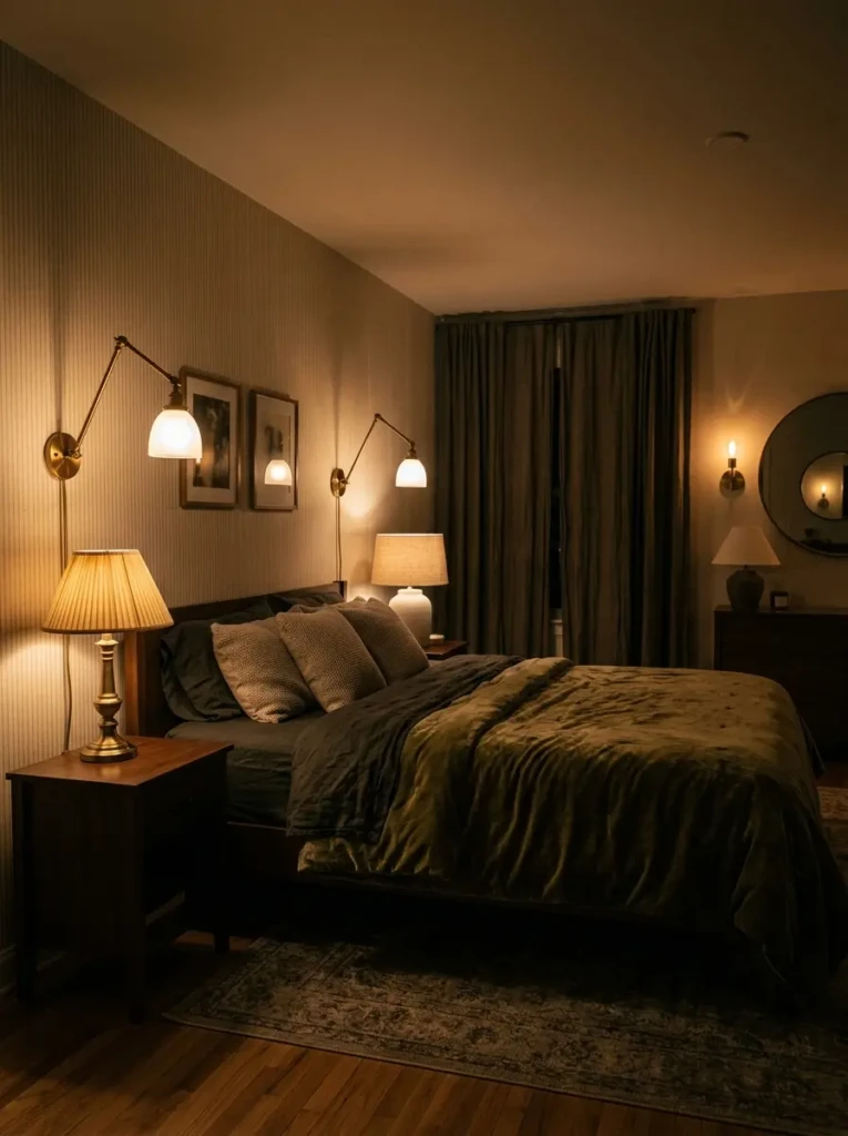 Bedroom featuring wall sconces and table lamps with warm dim lighting