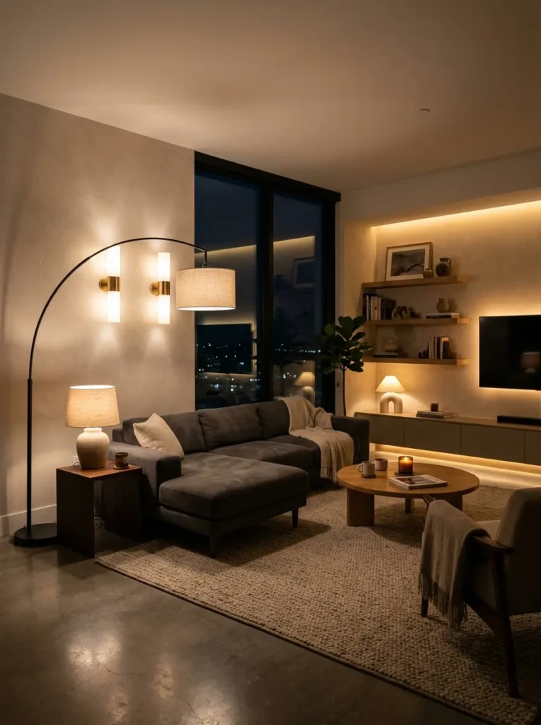 Modern living room with floor lamps, table lamps, and warm ambient lighting.