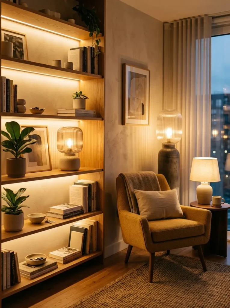 Stylish apartment with ribbed glass lamps, ceramic lighting, LED shelves, and cozy warm glow.