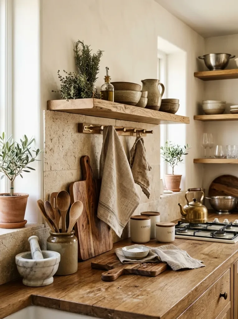 Layered natural stone, linen, and wood decor in a modern kitchen.