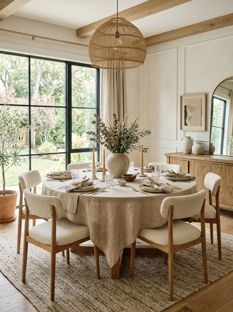 Cozy elegant dining room with linen tablecloth, boucle seating, and warm wooden textures.