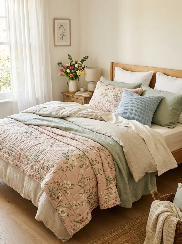 Airy spring bedroom featuring breathable linen bedding and quilted floral blankets