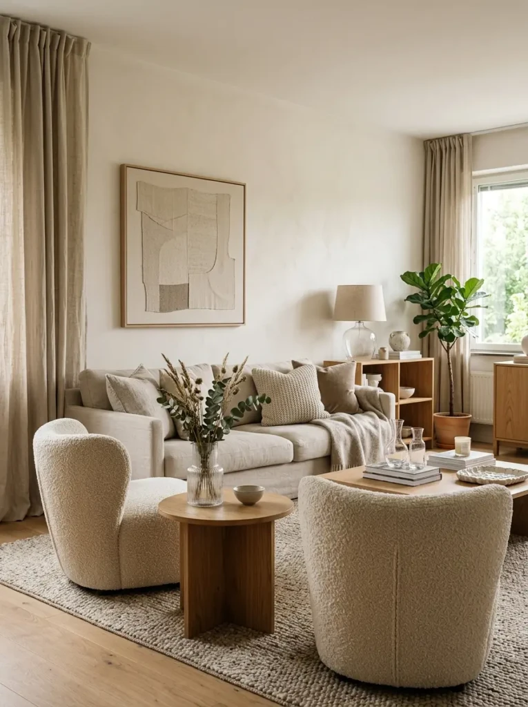 Cozy apartment with boucle chairs, oak furniture, linen fabrics, and soft textures.