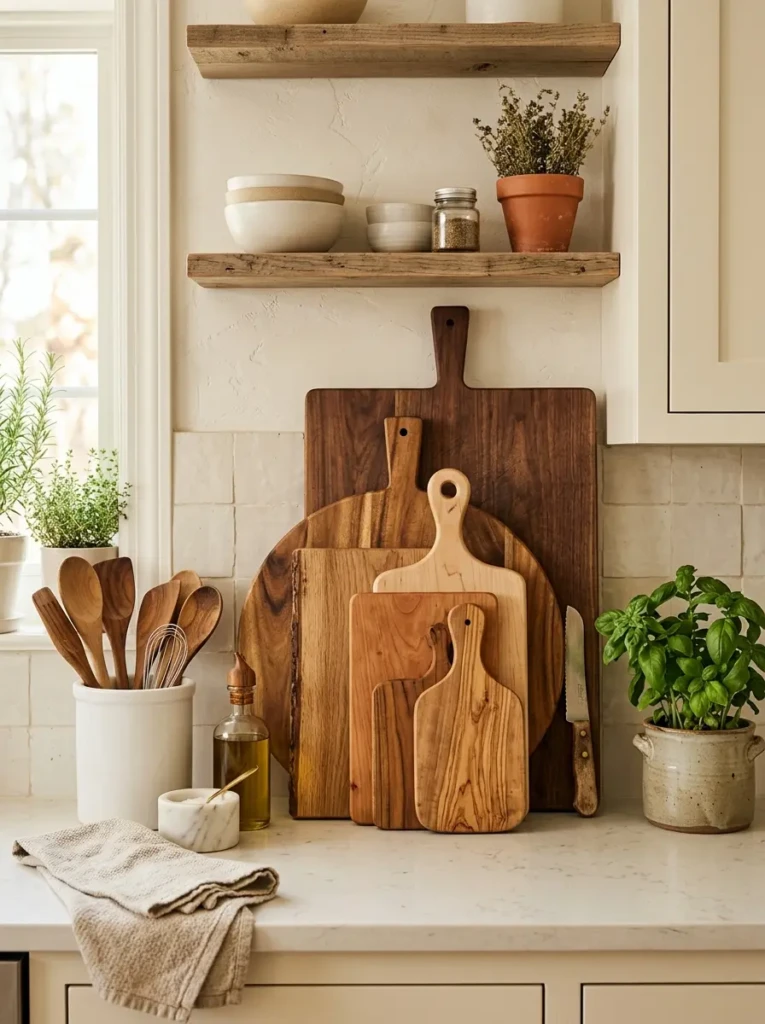 Kitchen countertop styled with layered wooden cutting boards in different finishes.