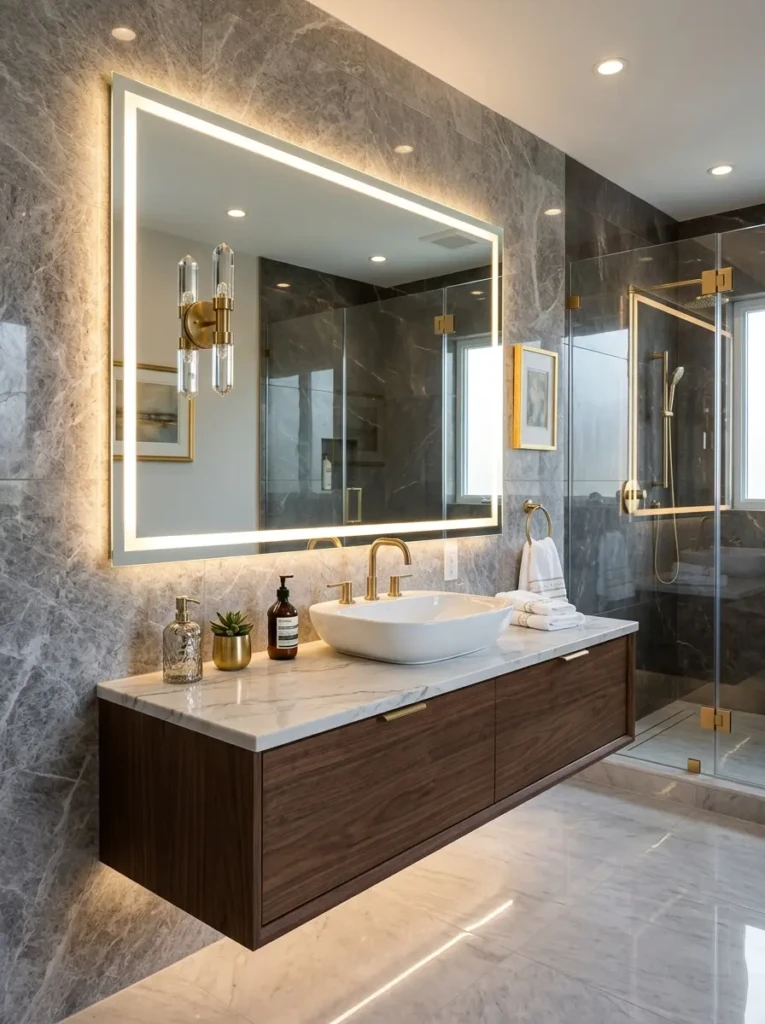 Sleek LED bathroom mirror above floating vanity with glamorous contemporary styling.