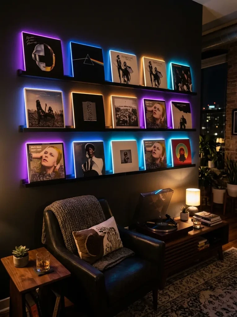 Album covers illuminated with soft LED strip lighting, creating a cozy and modern ambiance.