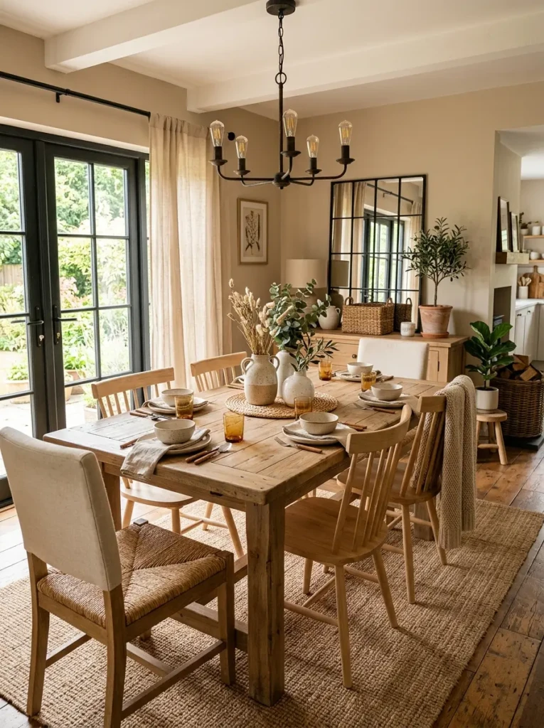 Light oak dining room with woven textures, black accents, beige walls, and cozy farmhouse decor.