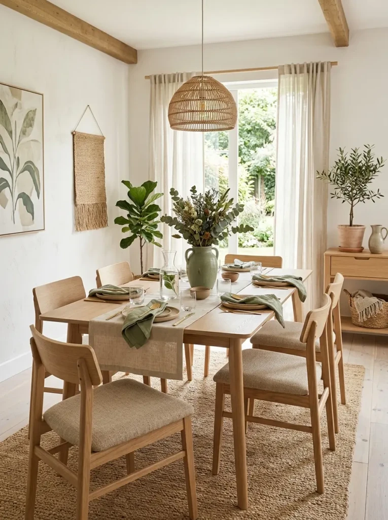 Light wood dining furniture paired with sage green accents and warm neutral decor.