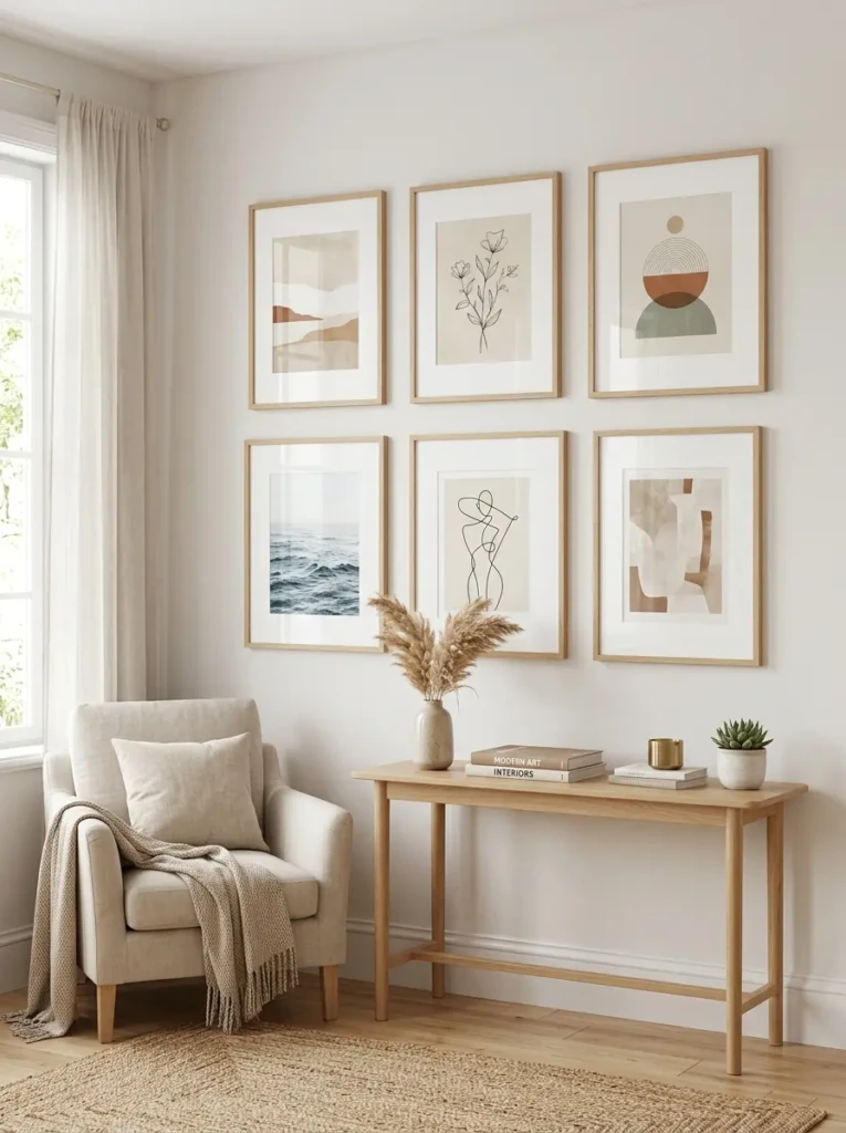 Bedroom wall with spaced artwork in light wood frames for a clean aesthetic