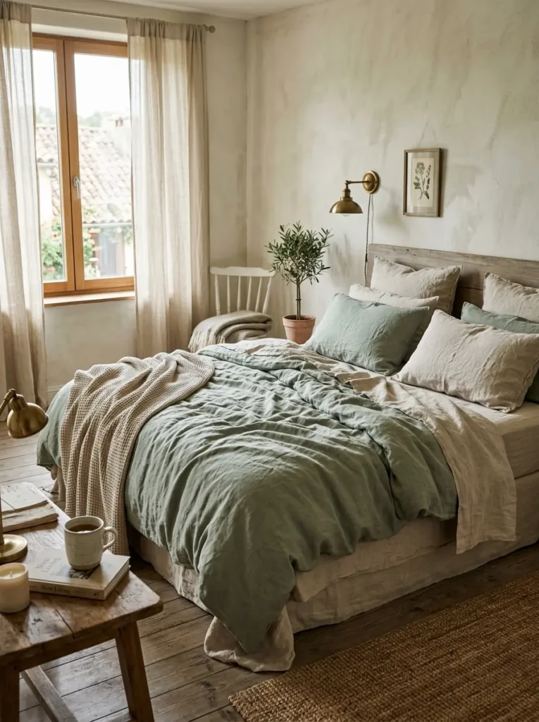 Relaxed linen bedding in oatmeal and sage tones with casually styled layers and airy cozy bedroom decor