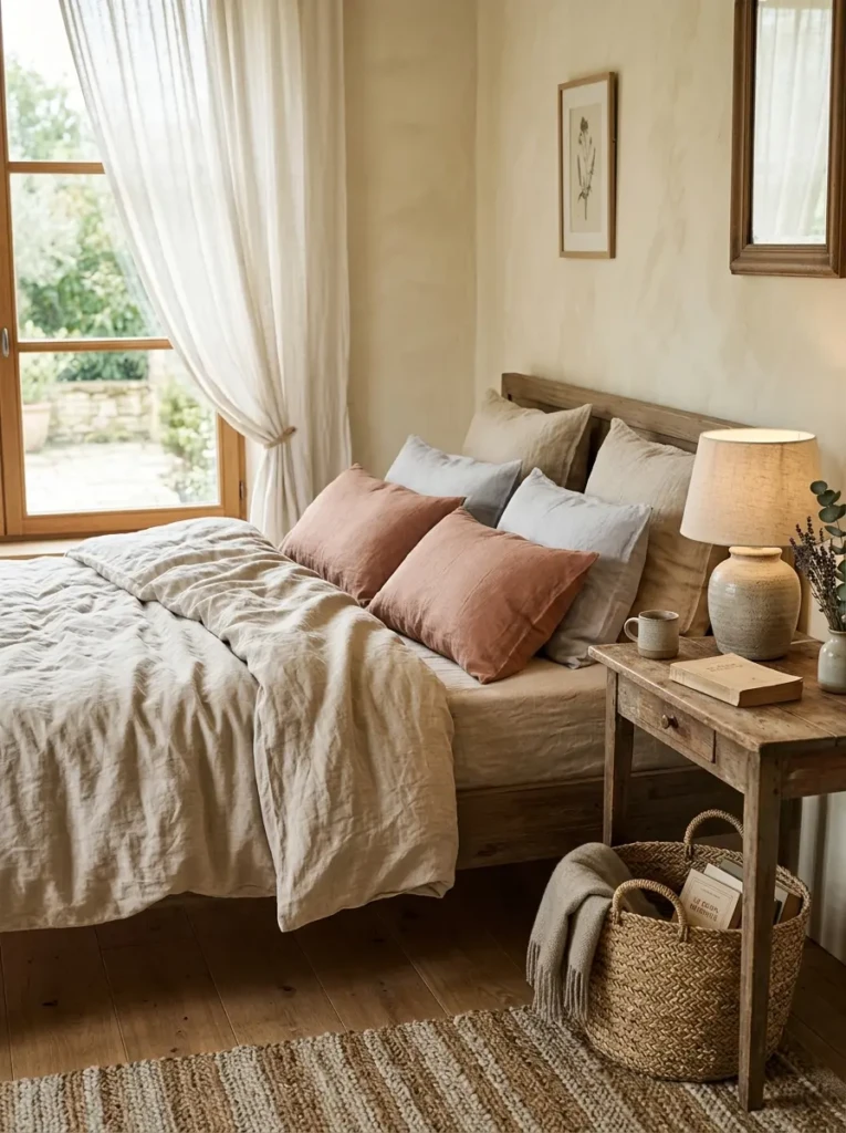 Relaxed linen bed with wrinkled flax duvet, clay and gray pillows, vintage wood table, ceramic lamp, and woven basket.