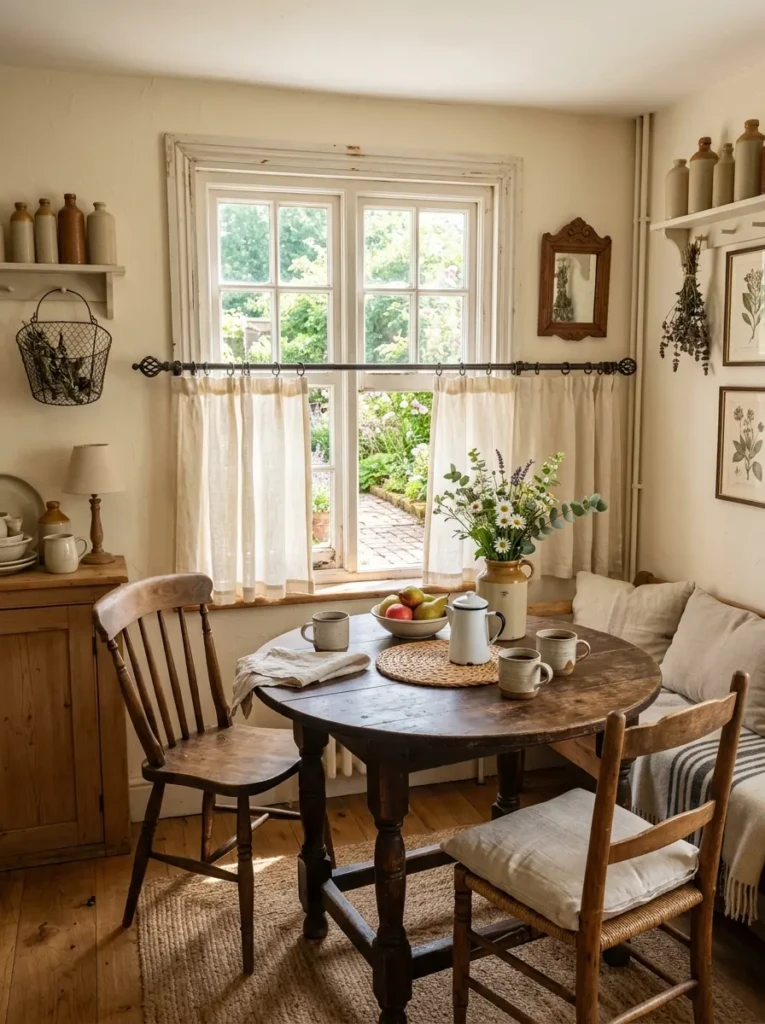 Soft linen café curtains brightening a small farmhouse dining corner with natural sunlight.
