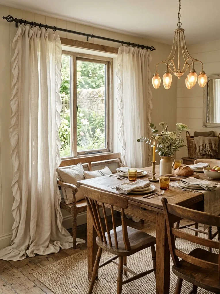 Relaxed linen ruffle curtains paired with rustic wood furniture in a warm farmhouse dining area.