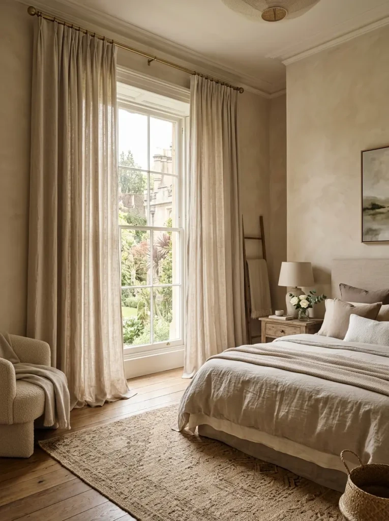 Elegant bedroom with flowing linen curtains and soft natural sunlight
