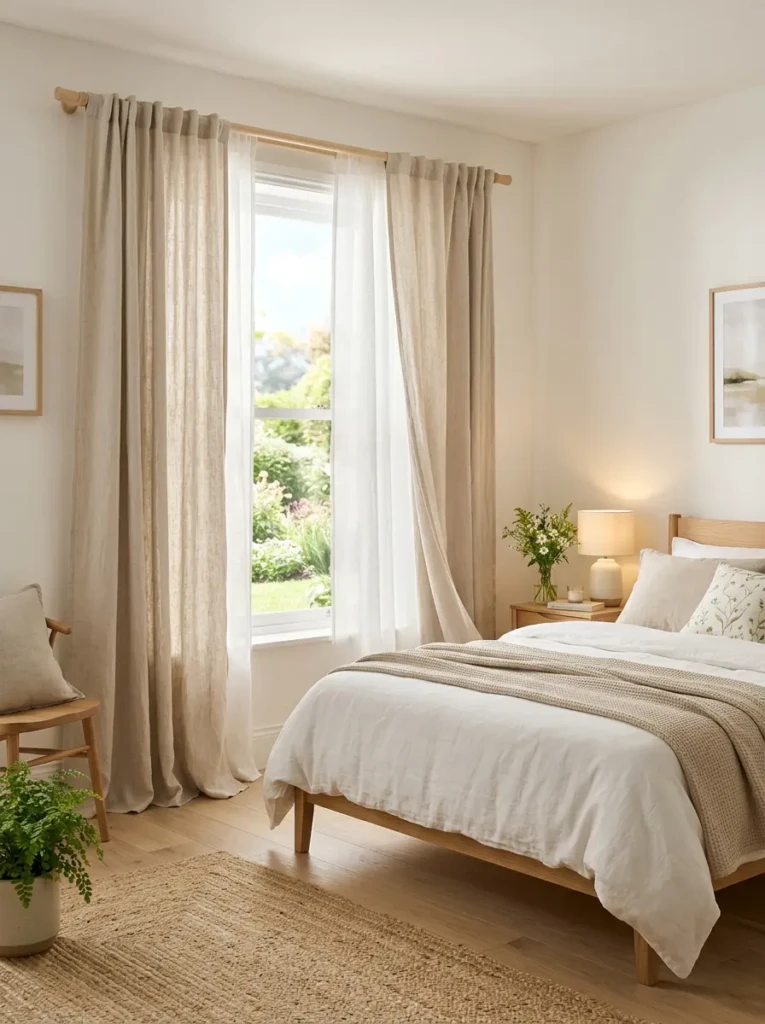 Bright spring bedroom with soft linen curtains and warm natural lighting