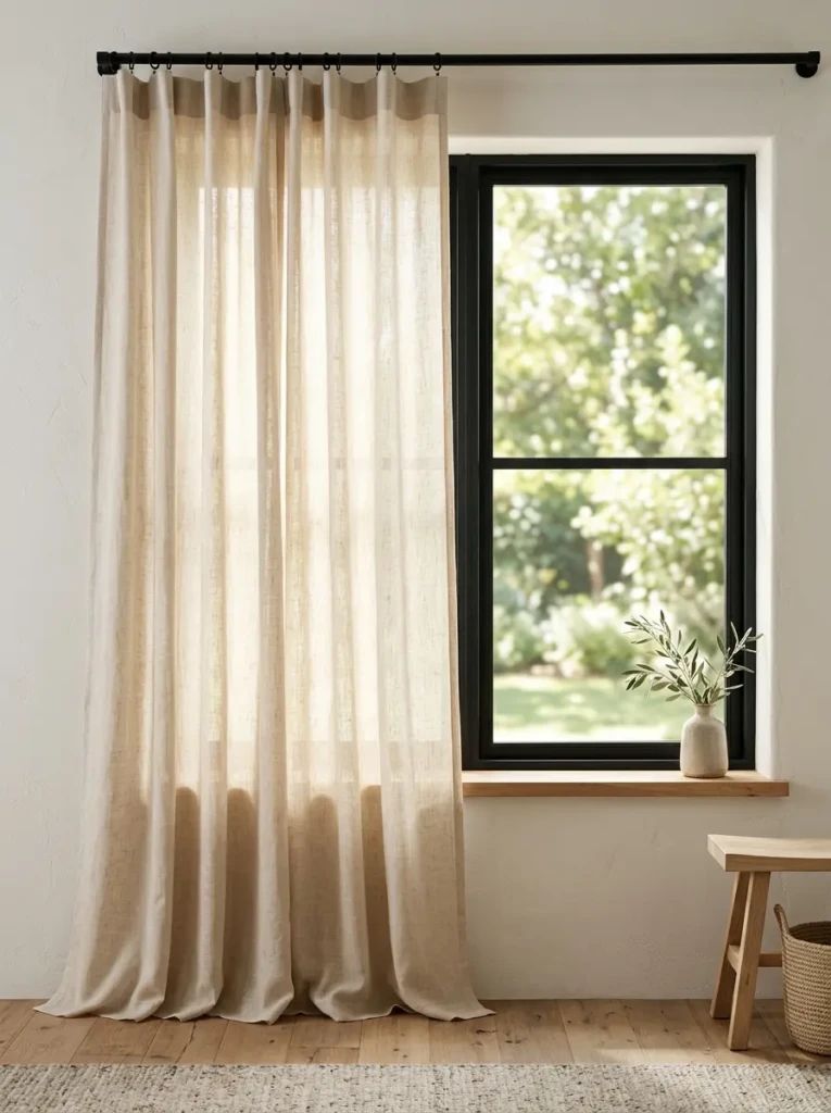 Lightweight curtains with soft folds glowing in natural daylight