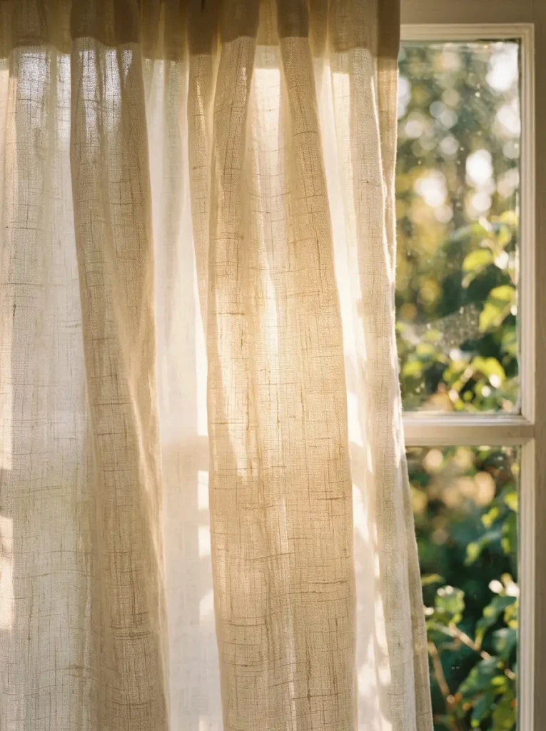 Close-up of sheer curtains allowing sunlight to gently filter into the room.