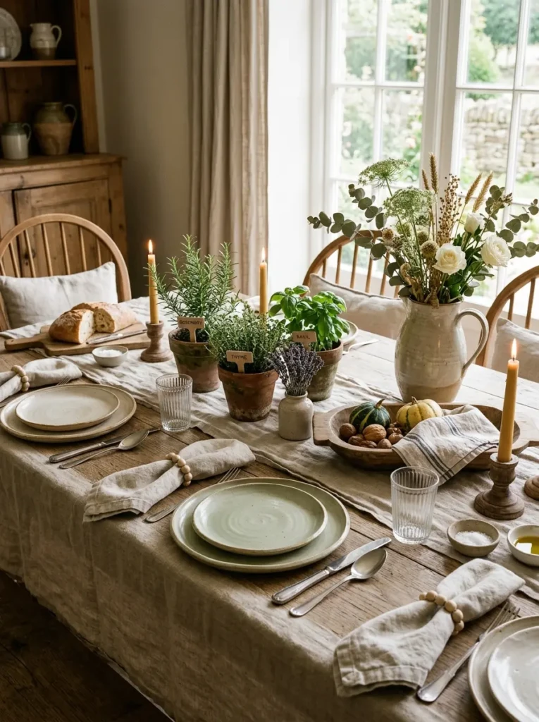 Elegant linen table decor with earthy ceramics, herbs, and warm natural textures
