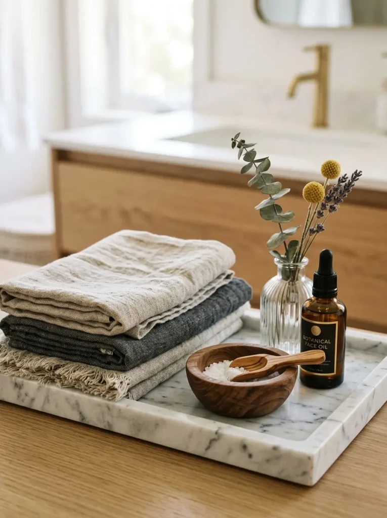 A close-up of a bathroom shelf combining linen towels, marble, and wood for a rich layered aesthetic