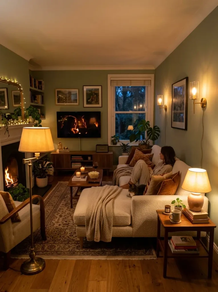 Cozy evening living room with glowing floor lamp, table lamp, and warm ambient lighting.
